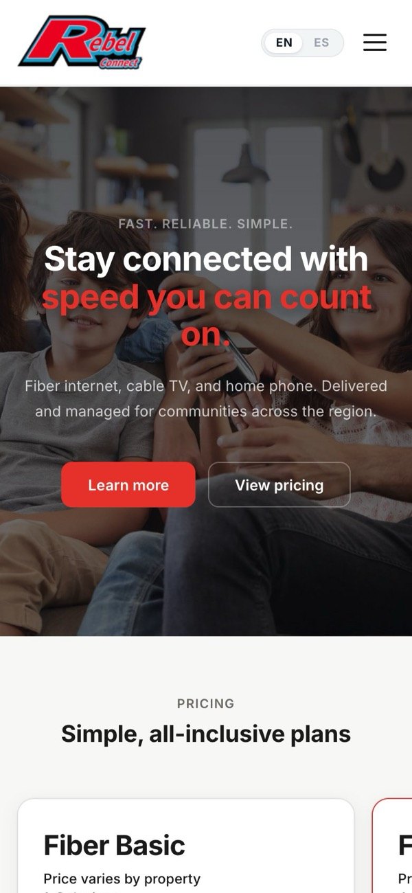 Rebel Connect website on mobile